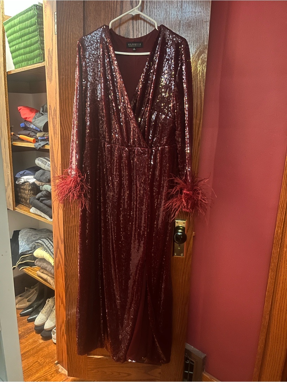Eloquii Burgundy Sequin Wrap Dress with Feather Trim